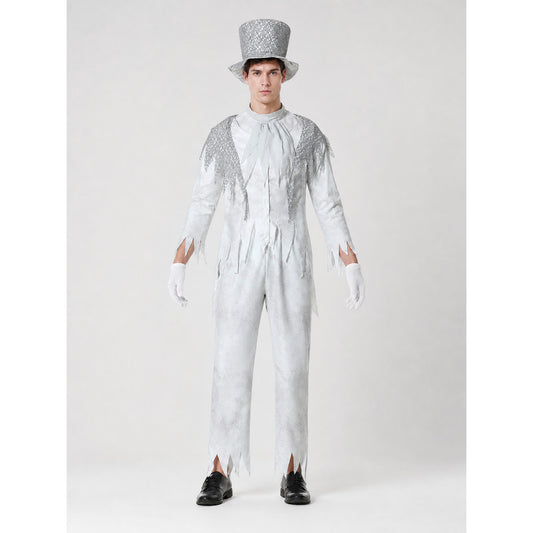 Man wearing a white ghost groom Halloween costume with silver mesh shoulders, tattered hems, silver top hat and white gloves, front view