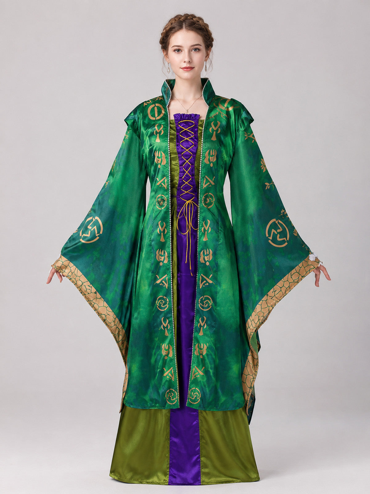 Medieval Cosplay Costume with Cape and Lacing on-model view
