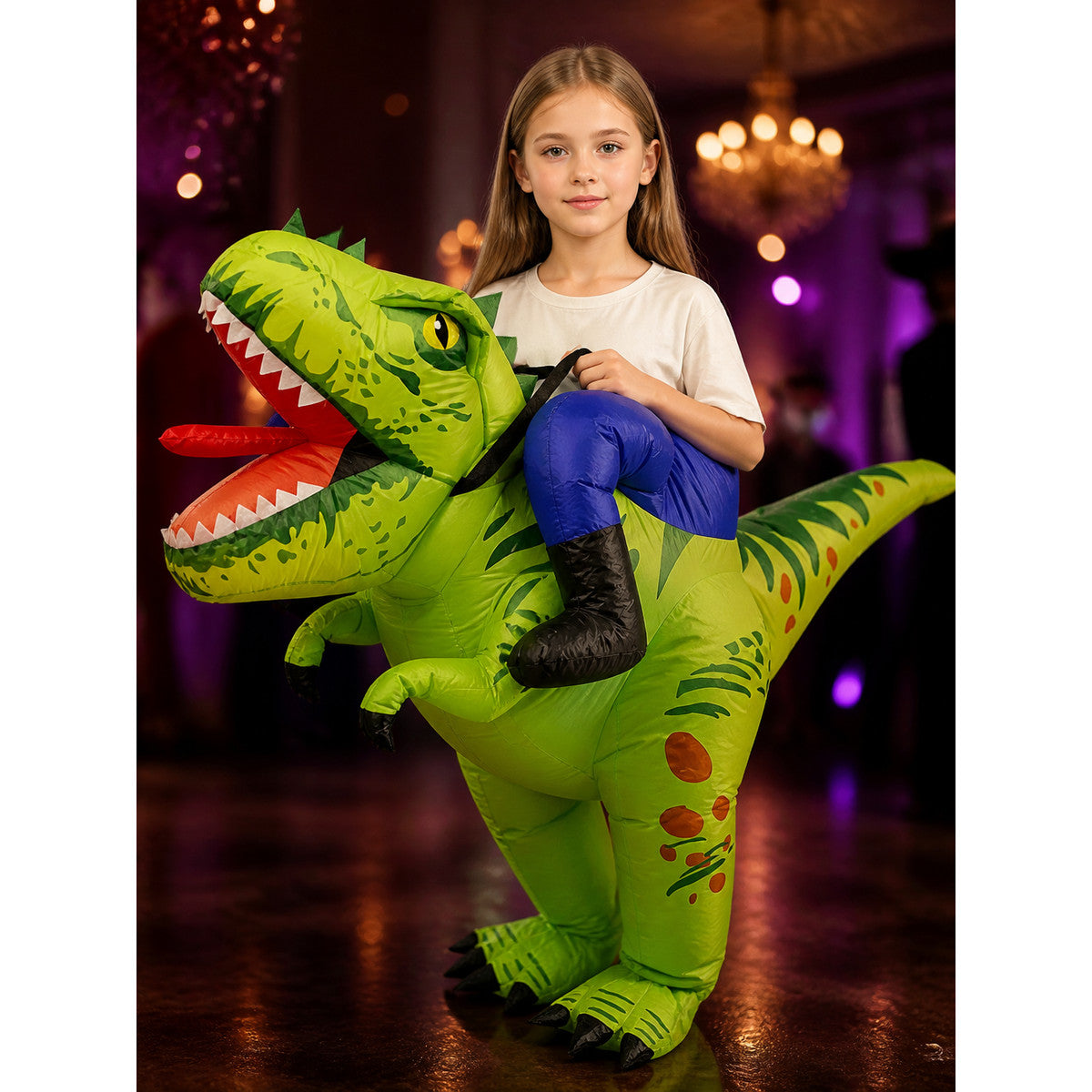 Kids Inflatable Green Dinosaur Costume with Spikes and Long Tail, Halloween on-model view