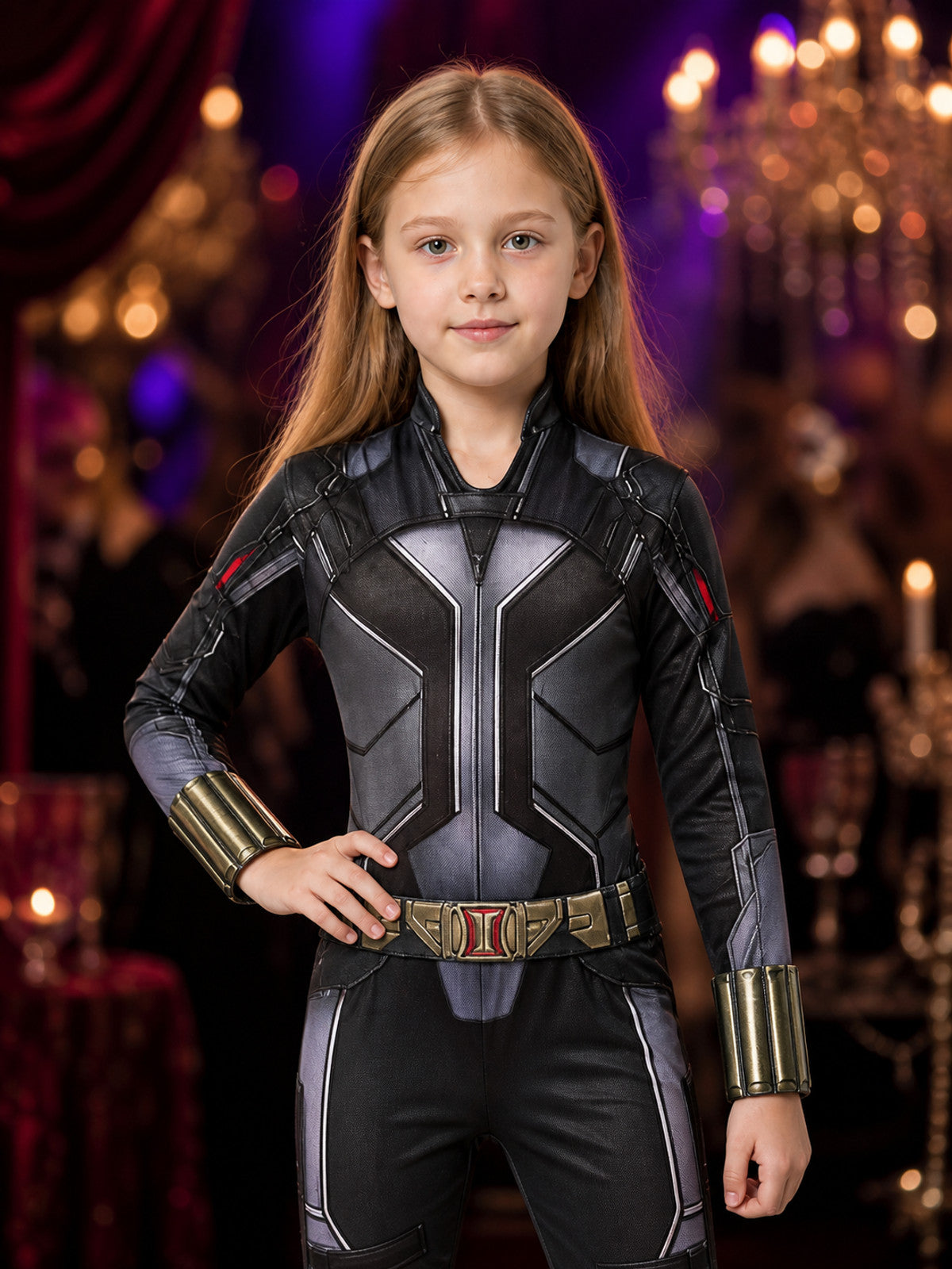 Girls Black Widow Superhero Bodysuit Costume, Long Sleeve Armor Print Jumpsuit