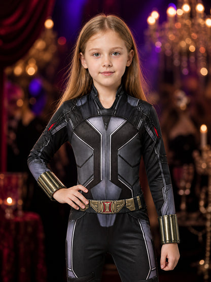 Girls Black Widow Superhero Bodysuit Costume, Long Sleeve Armor Print Jumpsuit