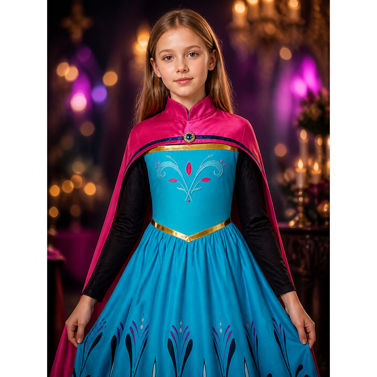 Girls' Snow Queen Princess Costume Dress With Detachable Cloak, Halloween on-model view