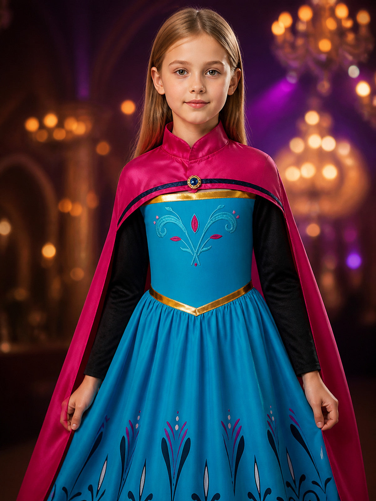 Kids Princess Costume Dress with Pink Cape, High Collar and Gold Details on-model view
