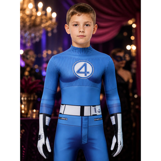 Mr. Fantastic Blue Bodysuit Halloween Costume with White Waist Stripe and Number on-model view