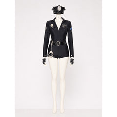 Women's Black Police Costume Romper with Cap, Belt, Gloves & Handcuffs