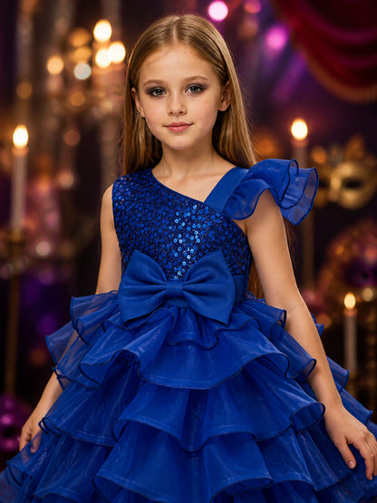 Toddler Girls' Blue Princess Dress, Sequined Bow Layered Ruffle Party Gown on-model view