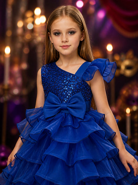 Toddler Girls' Blue Princess Dress, Sequined Bow Layered Ruffle Party Gown on-model view