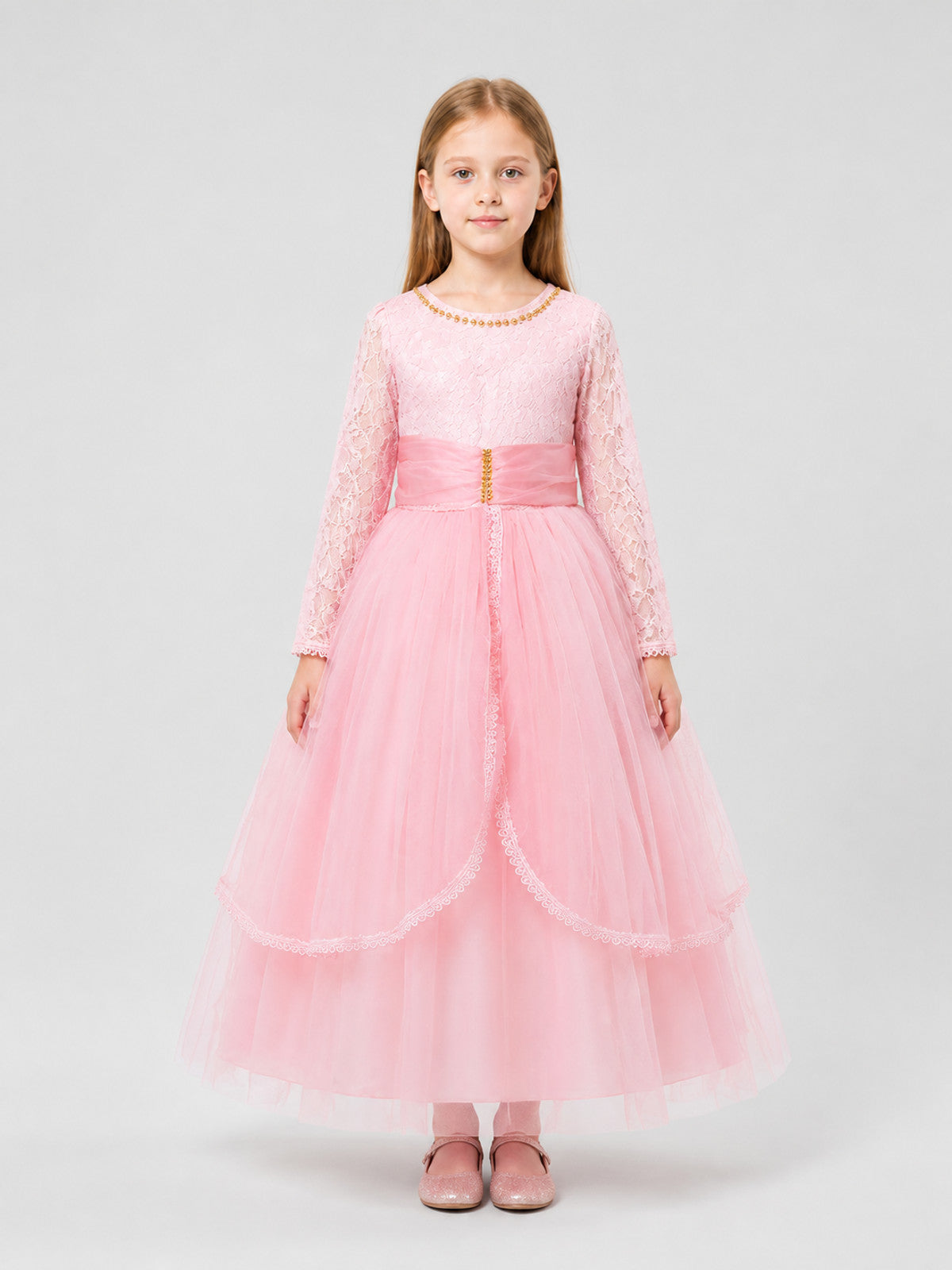 Girls' Pink Lace Dress with a Full Skirt