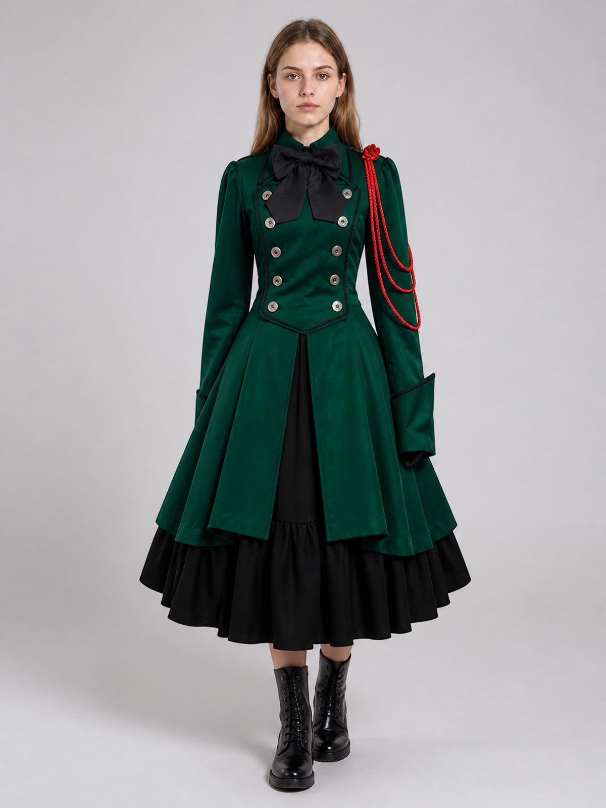 Gothic Victorian Dress with Bow and Ruffles on-model view