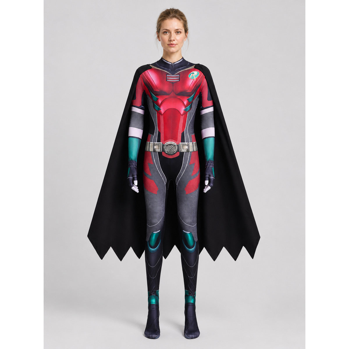 Superhero Cosplay Costume — Jumpsuit with Cape on-model view