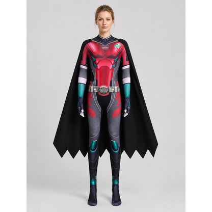 Superhero Cosplay Costume — Jumpsuit with Cape on-model view