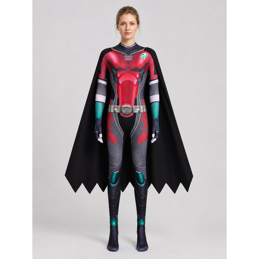 Superhero Cosplay Costume — Jumpsuit with Cape on-model view
