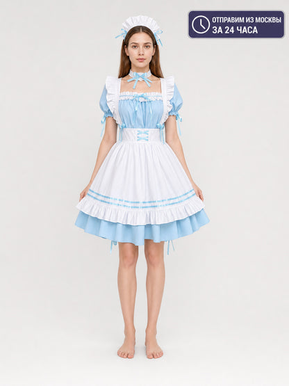 Lolita-Style Dress with White Apron and Ruffles