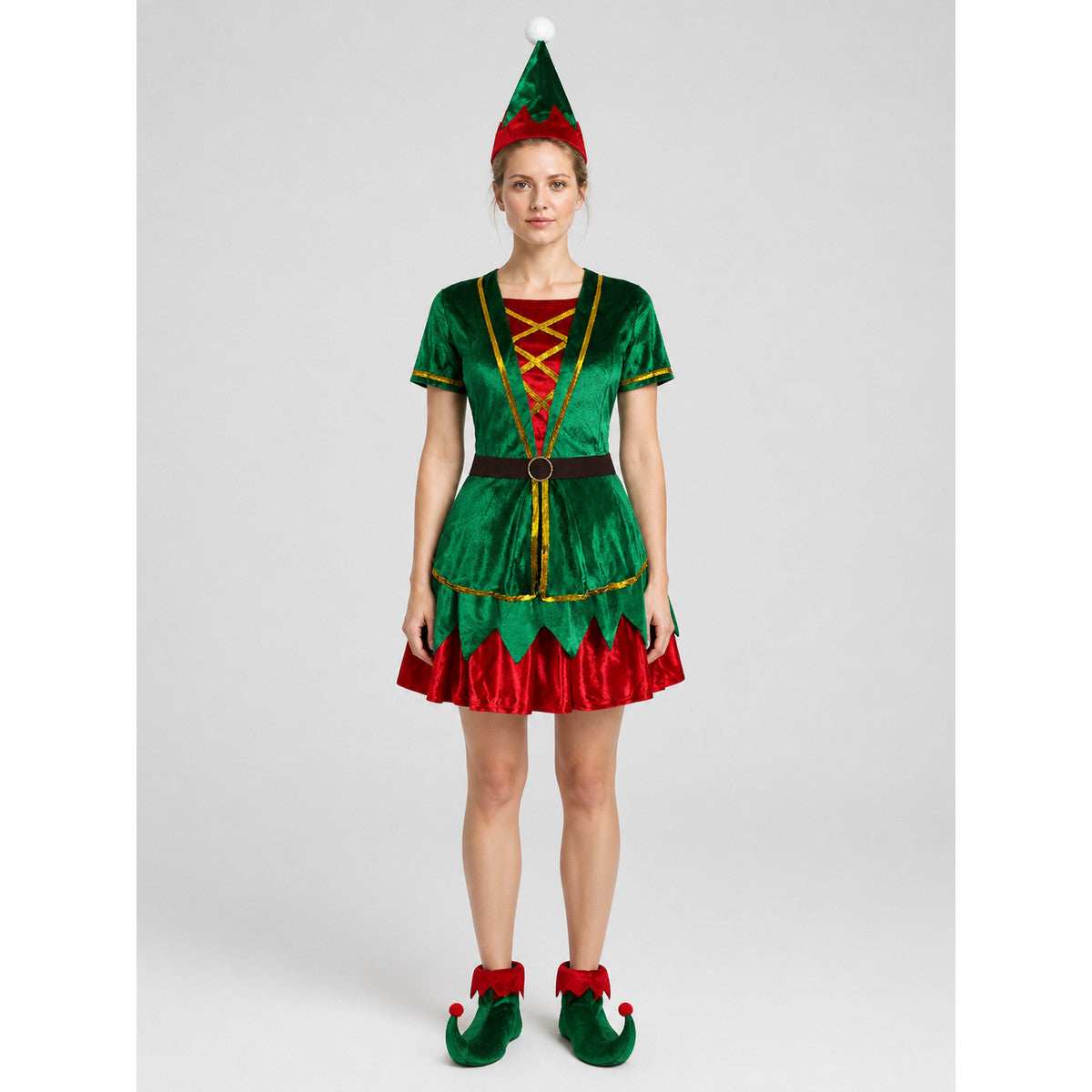 Christmas Elf Costume — Green Dress and Hat on-model view