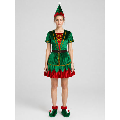 Christmas Elf Costume — Green Dress and Hat on-model view