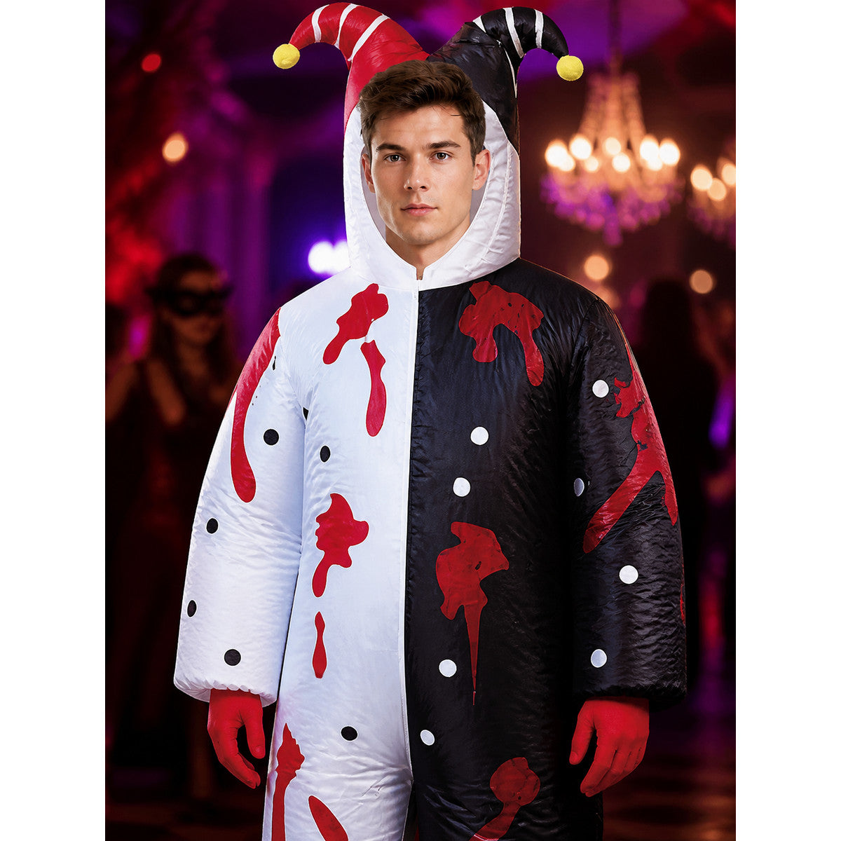 Black White Clown Jumpsuit Costume with Hat and Red Drip Design on-model view