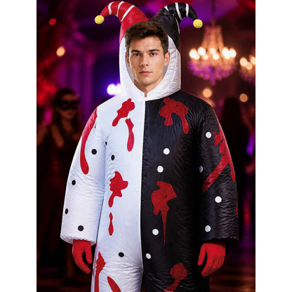 Black White Clown Jumpsuit Costume with Hat and Red Drip Design on-model view