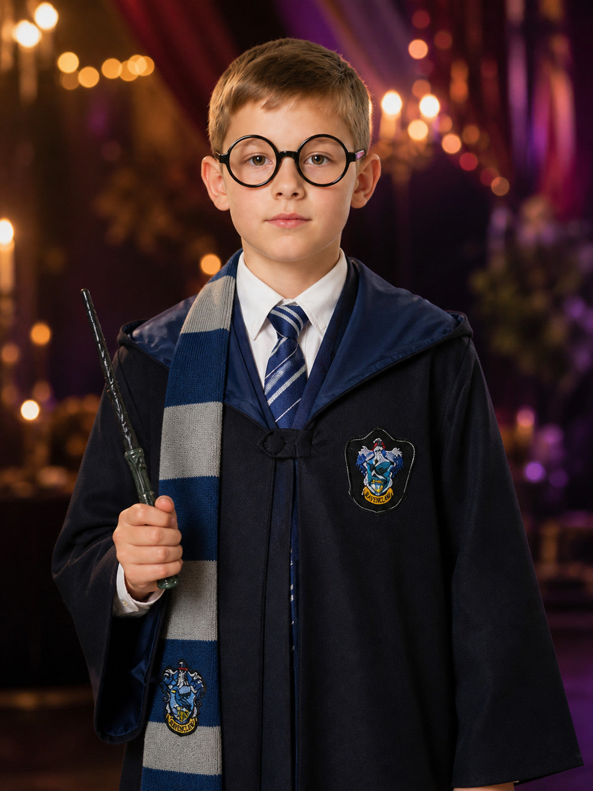 Children's Ravenclaw Wizard Robe Costume Set with Tie, Scarf, Glasses and Wand on-model view
