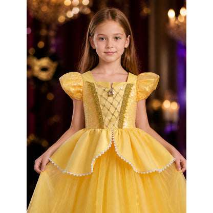 Girls Belle Princess Sequin Tulle Dress Costume for Halloween Birthday