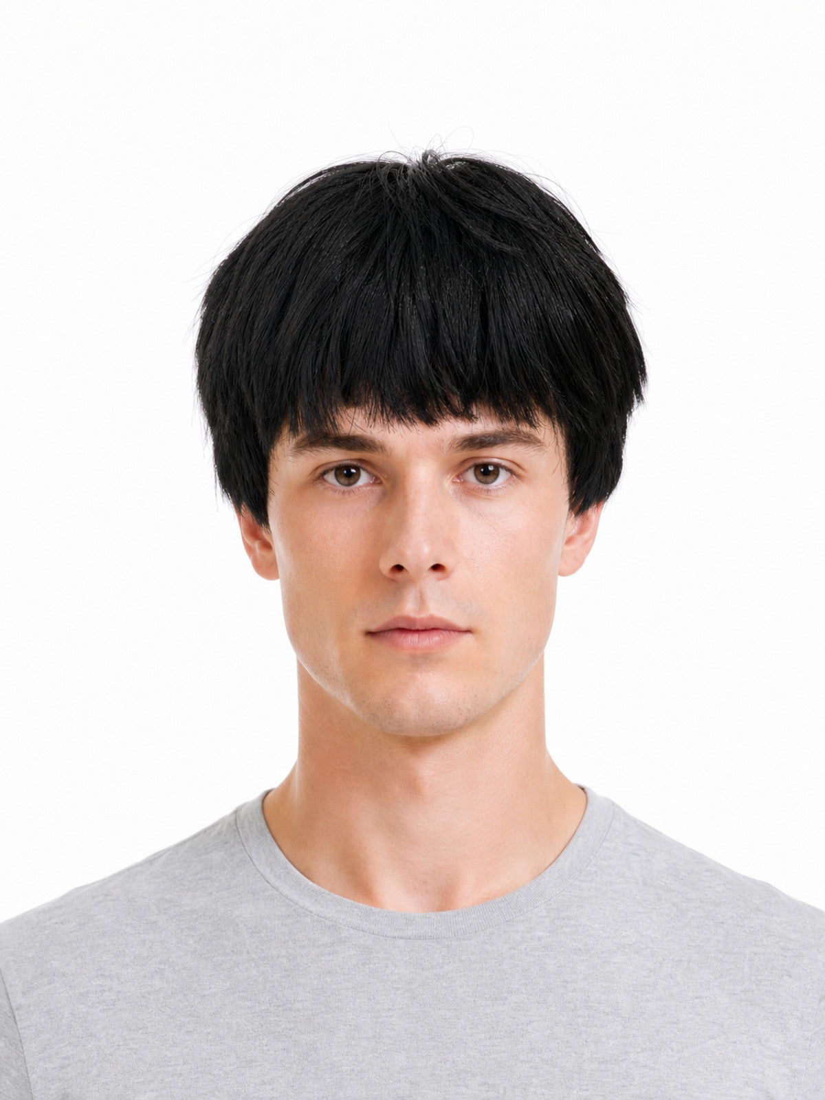 Black short costume wig with straight bangs shown from the front on a model, with smooth, layered fibers