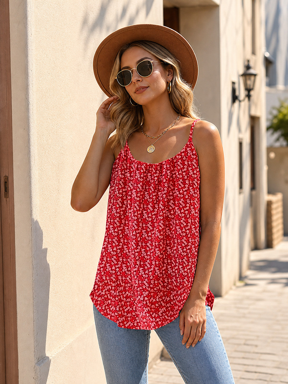 Red camisole top with thin straps and floral print main product view