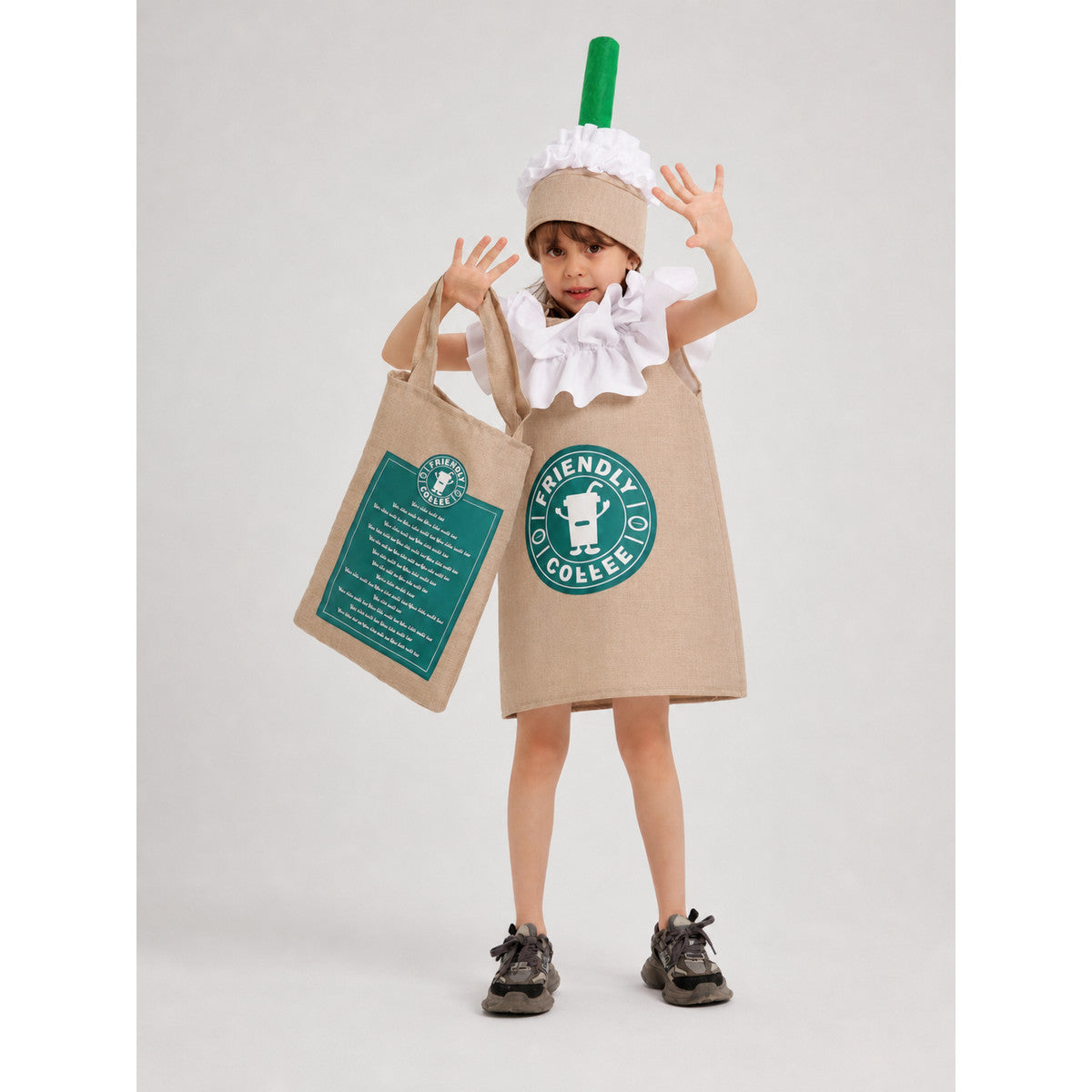Beverage-Themed Party Costume with Hat and Bag on-model view
