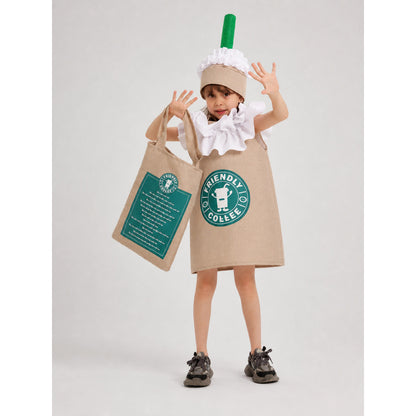 Beverage-Themed Party Costume with Hat and Bag on-model view