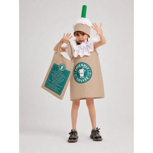 Beverage-Themed Party Costume with Hat and Bag