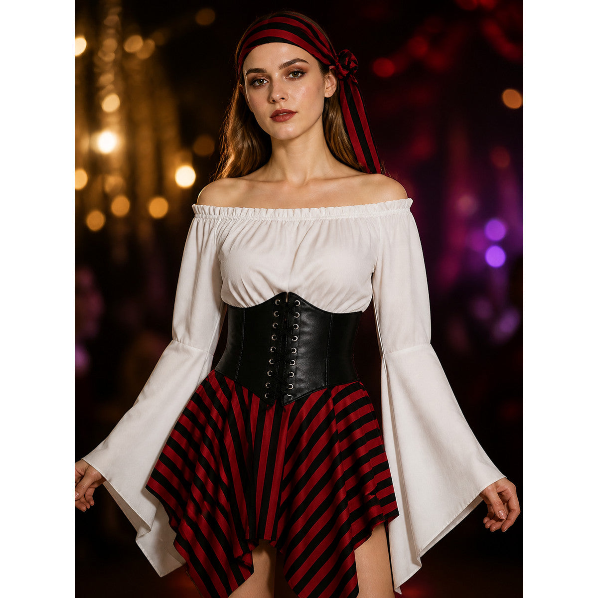 Women's Pirate Costume Set with Off Shoulder Top, Striped Skirt, Corset Belt & on-model view
