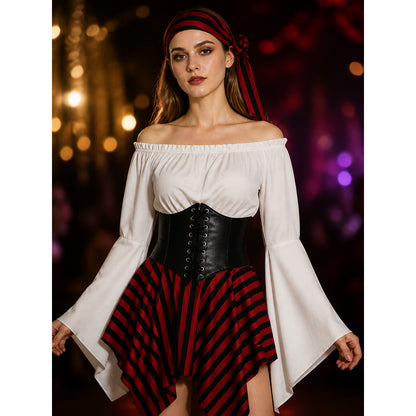 Women's Pirate Costume Set with Off Shoulder Top, Striped Skirt, Corset Belt & on-model view