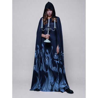Long Black Hooded Robe with Ghost Pattern