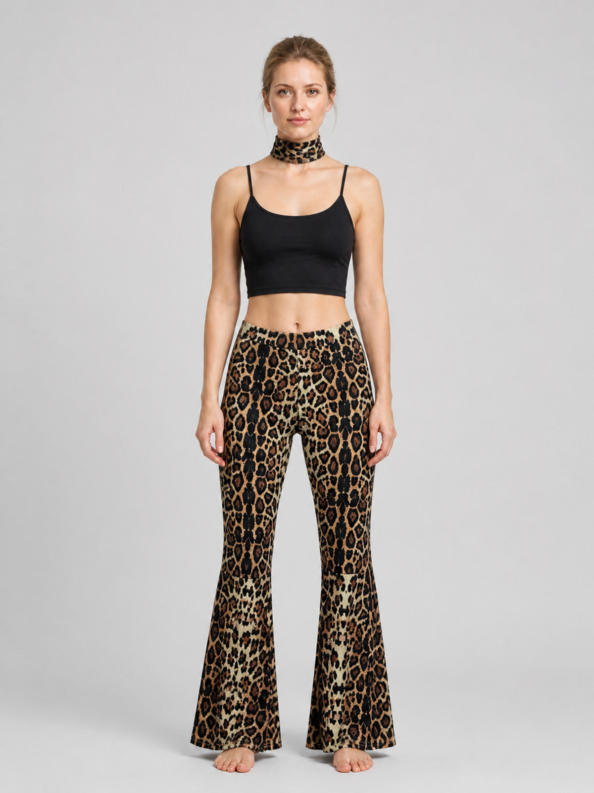 Leopard Flare Pants with Fabric Accessory on-model view