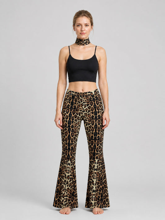 Leopard Flare Pants with Fabric Accessory on-model view