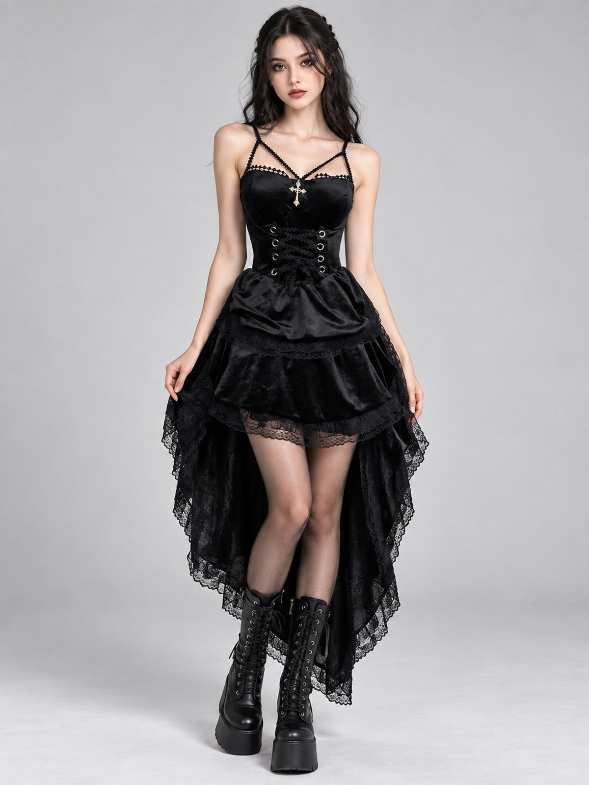 Gothic Black Velvet Dress with Lace and Lacing