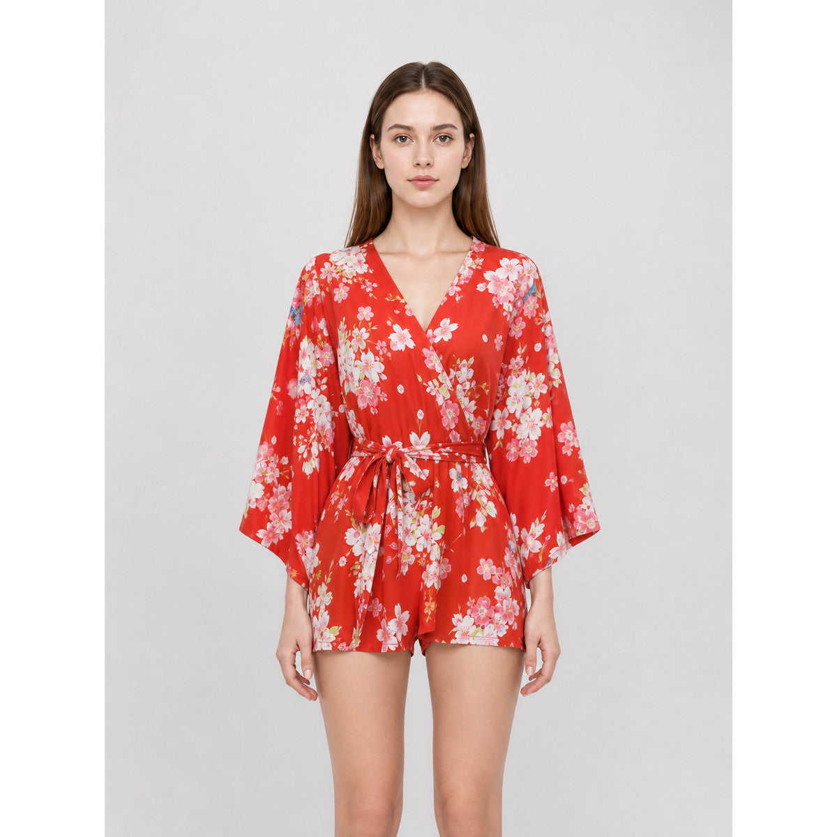 Short floral kimono robe for parties front view