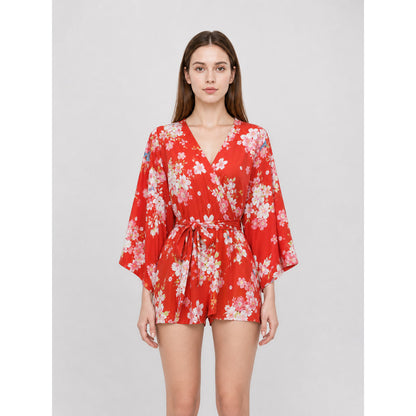 Short floral kimono robe for parties front view