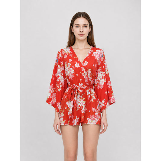 Short floral kimono robe for parties front view
