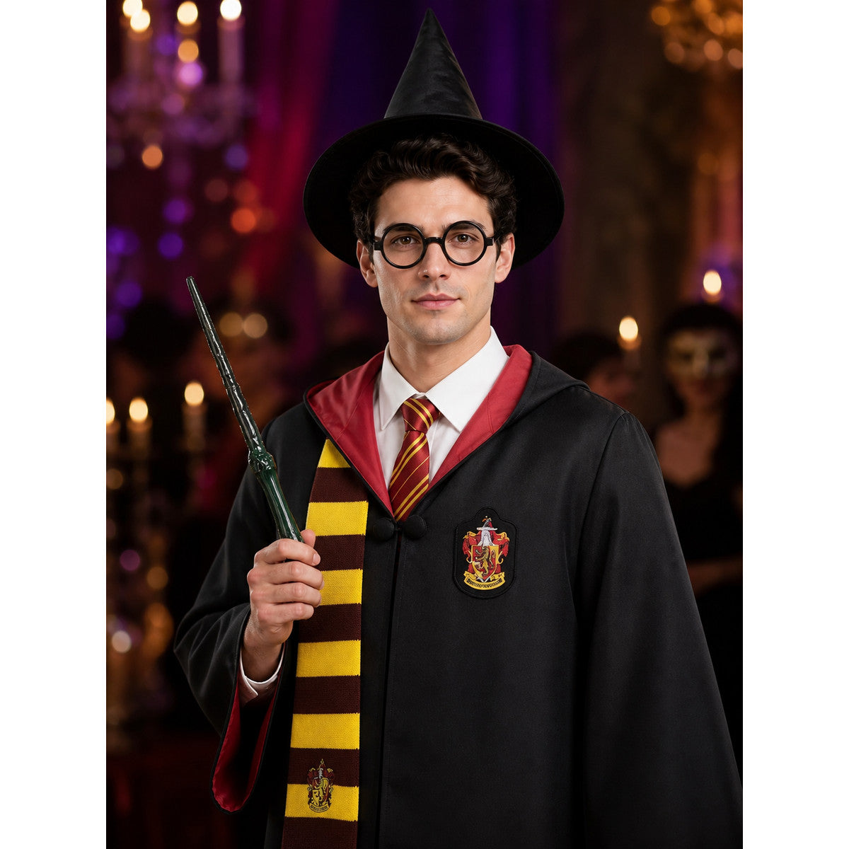Wizard Costume Set with Robe, Hat, Scarf, Glasses, Wand, Shirt and Tie