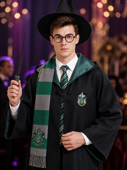 Kids Wizard Robe Costume Set with Green and Gray Striped Scarf, Hat, Glasses on-model view
