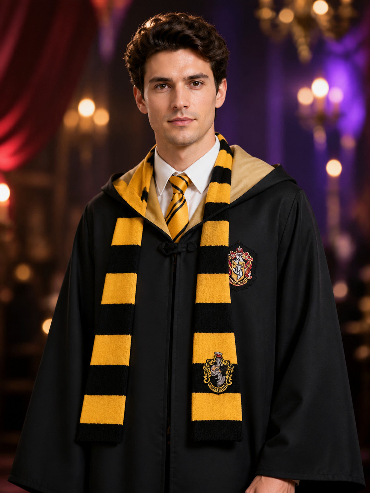Hufflepuff Wizard Costume Set, Hooded Robe with Tie and Scarf on-model view