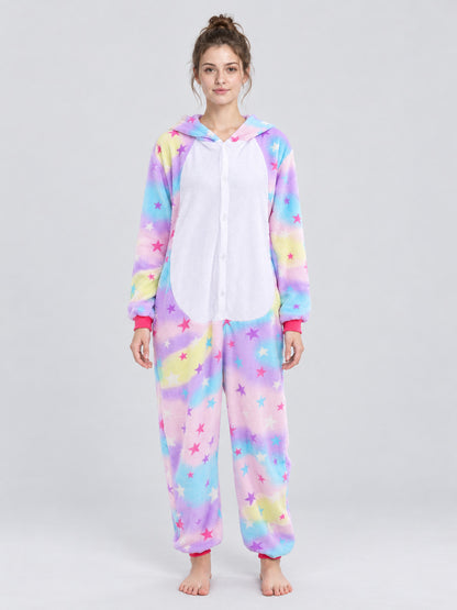 Flannel Hooded Pajama Jumpsuit with Star Print