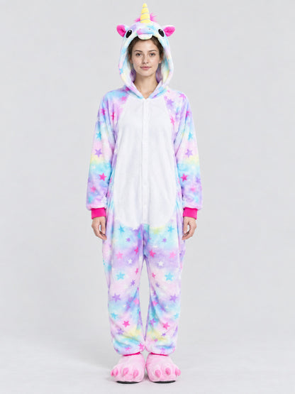 Flannel Hooded Pajama Jumpsuit with Star Print