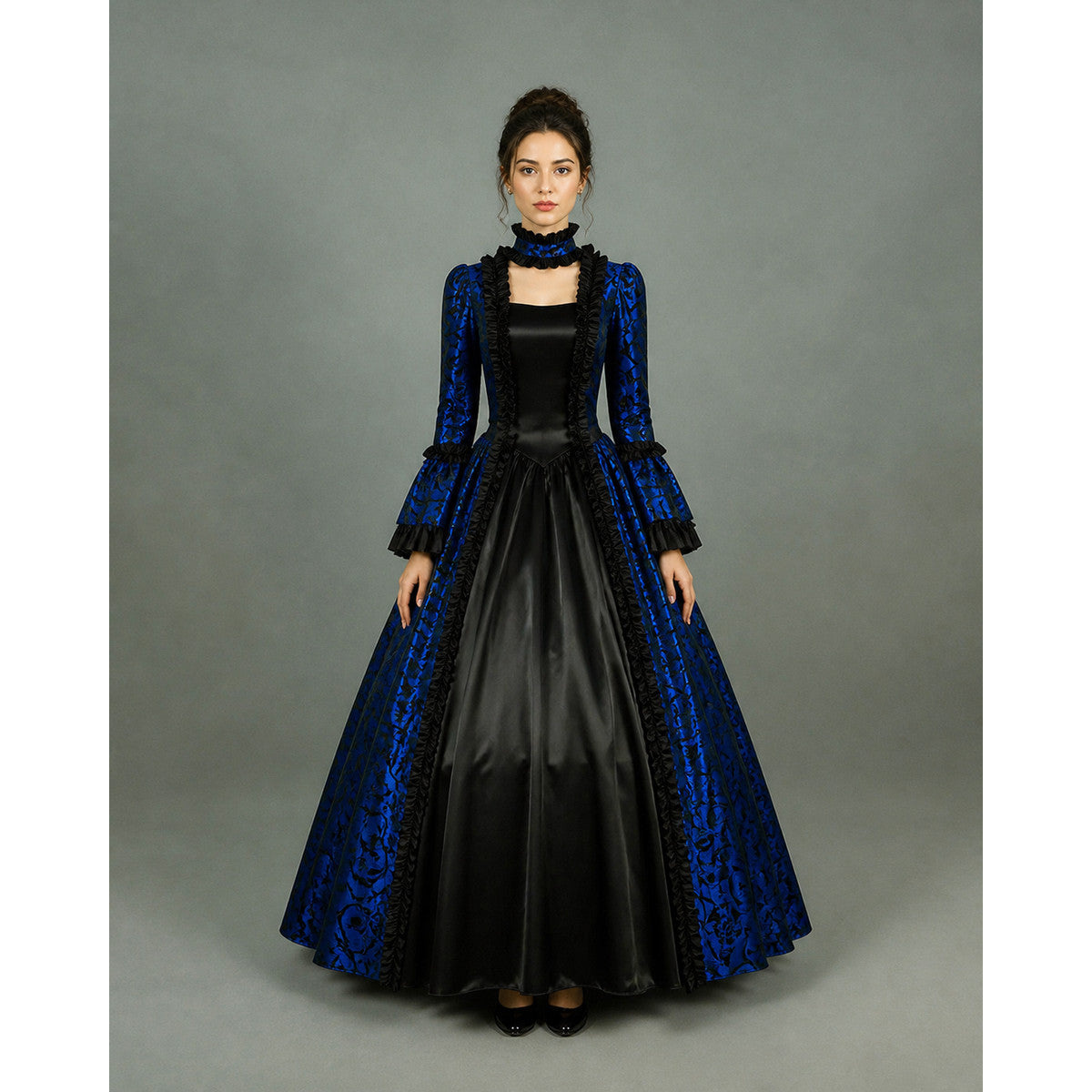 Vintage Blue and Black Dress with Ruffles and a High Collar main product view