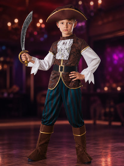 Kids' Pirate Captain Costume Set, Gold Trimmed Vest, Striped Pants, Hat and Boot on-model view