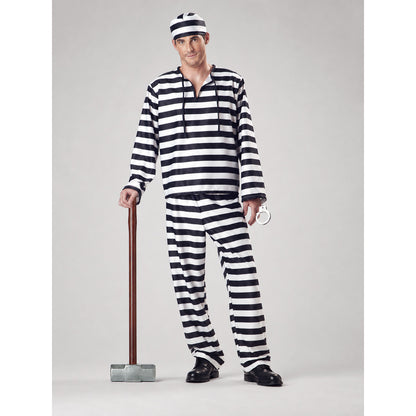 Striped prisoner costume with cap and handcuffs on-model view