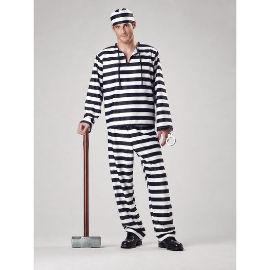Striped prisoner costume with cap and handcuffs on-model view
