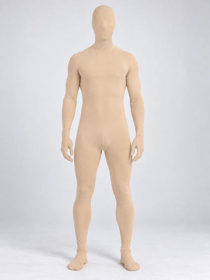 Flesh-toned skintight hooded jumpsuit on-model view