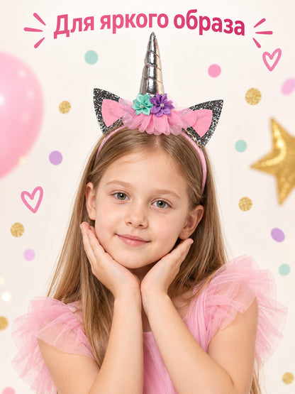 Kids' Unicorn Headband with Silver Horn and Flowers