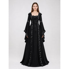 The dress is designed in a Gothic style with elements of Victorian aesthetics.