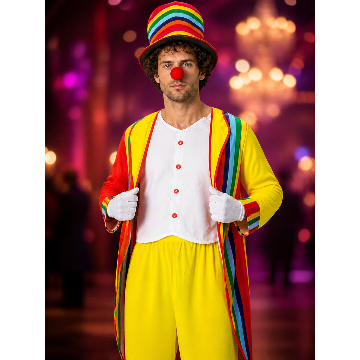 Adult Circus Clown Costume Set - Rainbow Stripe Tuxedo with Hat (4 Pieces) for on-model view
